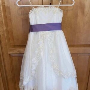 Alfred Angelo Antique White Dress; Purple Sash. Flower Girl Dress - 6. Worn 1x